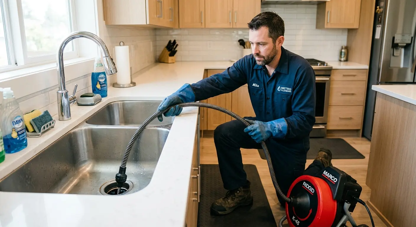 Drain cleaning technician using a motorized snake on a kitchen sink in Bellevue