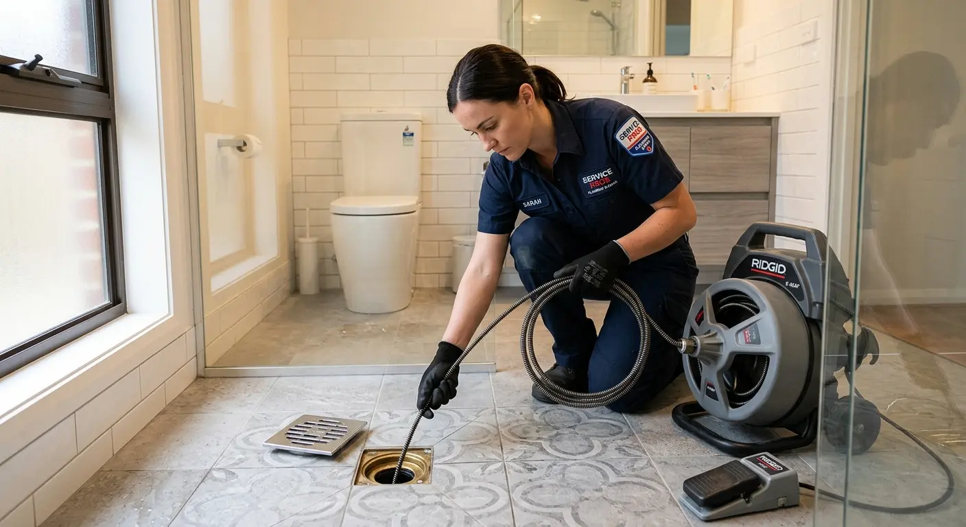 Technician clearing a bathroom floor drain for Sewer Line Installation in Bellevue